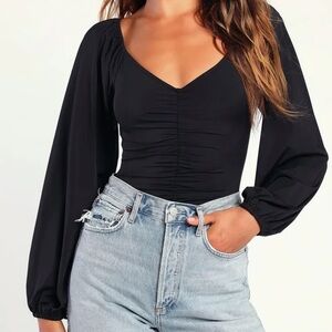 Lulus Black Long Sleeve Scrunch Snap Bodysuit - size medium